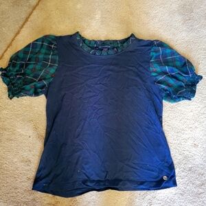Juniors Navy and Green Plaid Puff Sleeve Top Sz Large